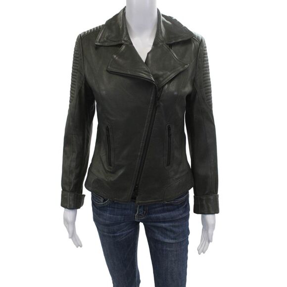 Not Available Jackets & Blazers - Schyia Women Biker Motorcycle Jacket Dark Gray Polyester Zip Collared Size 38